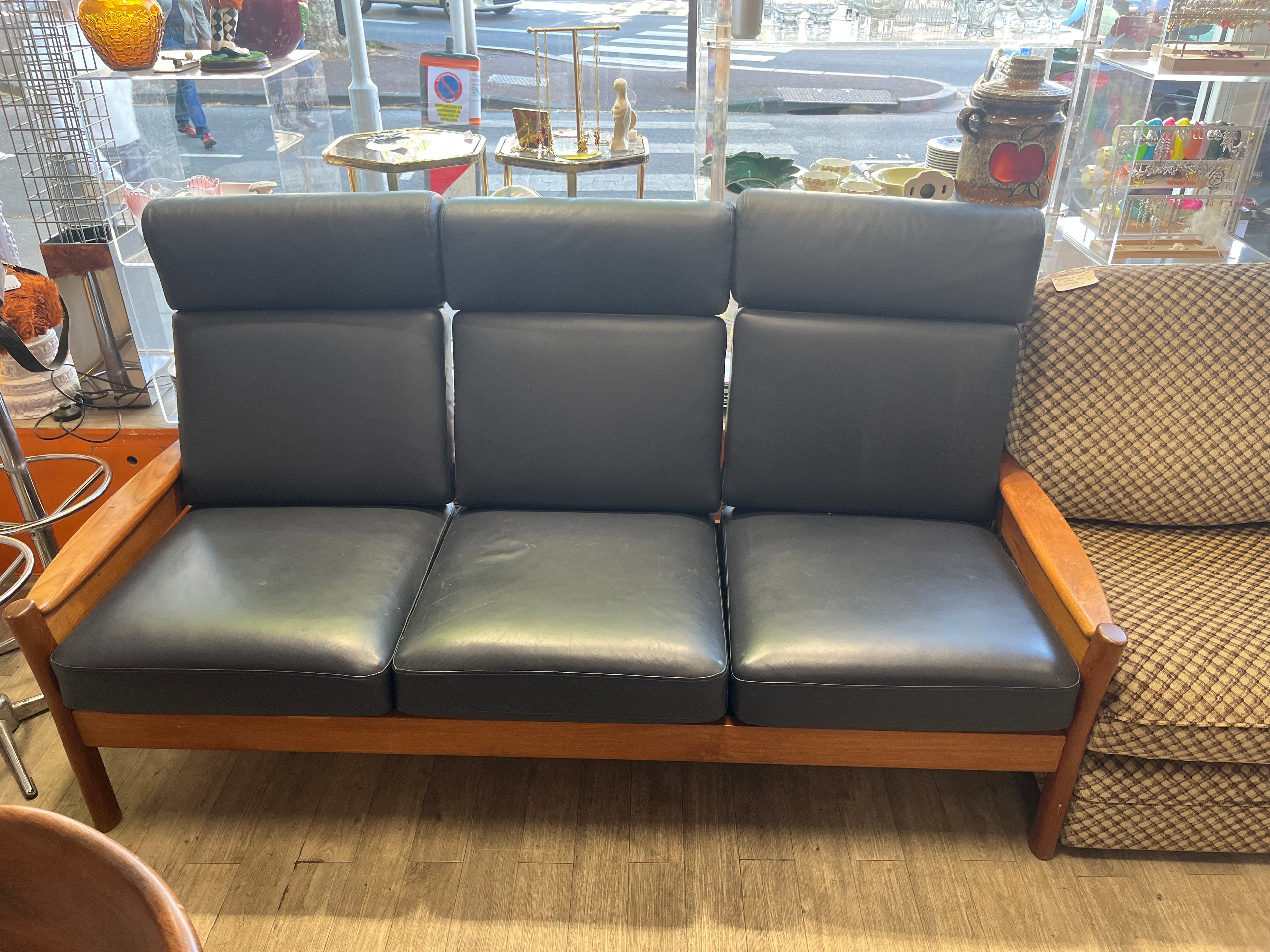 Banquette scandinave en teck massif et Skaï 1970